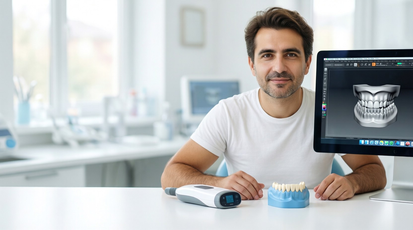 Dijital diş hekimliği ekipmanları: intraoral tarayıcı, 3D baskı modeli ve bilgisayar ekranı