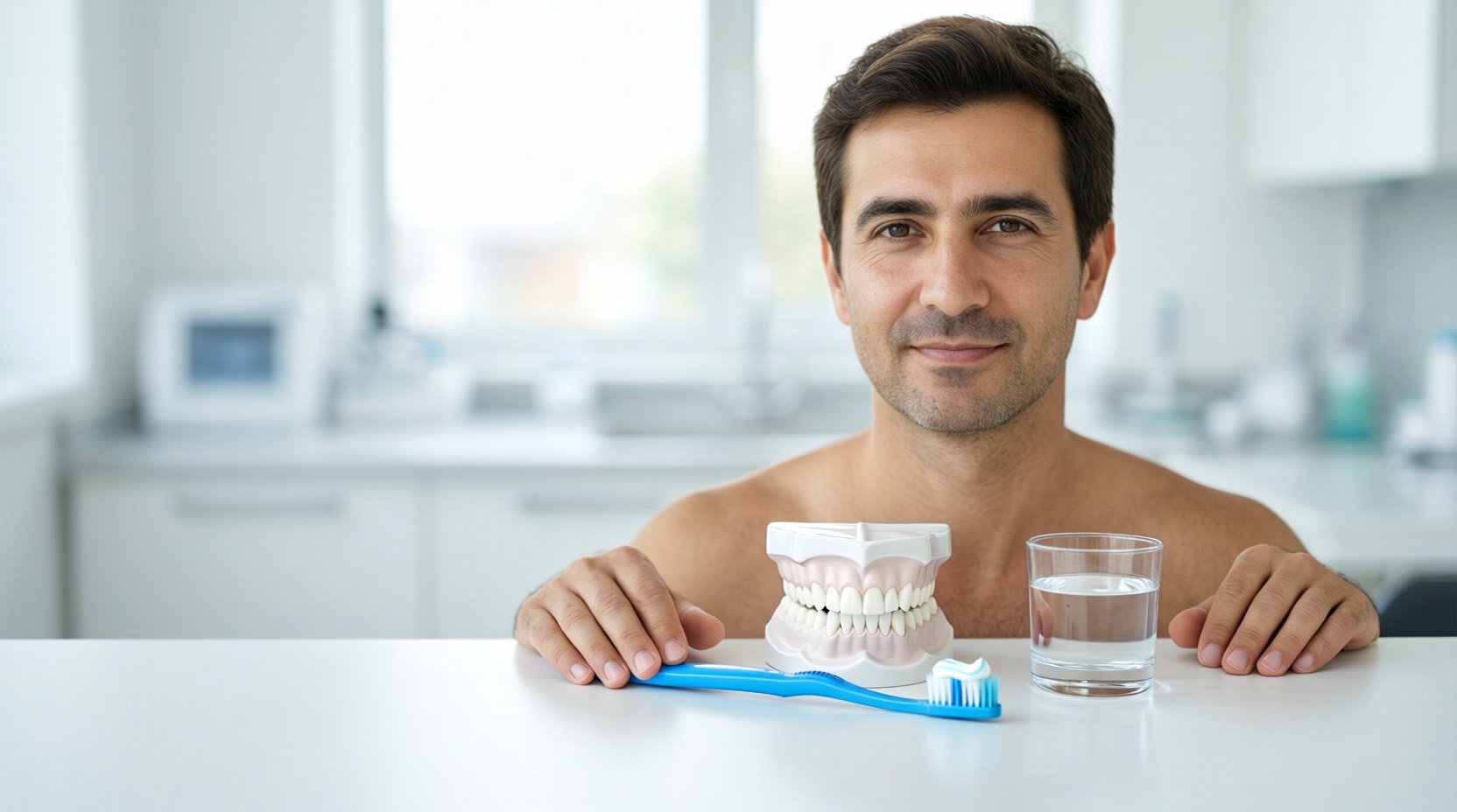 Diş modeli, diş fırçası ve su bardağı içeren temizlik seti